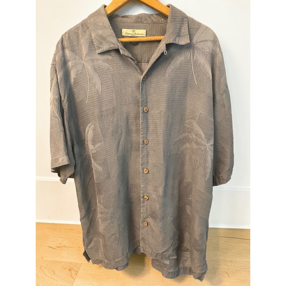 Tommy Bahama Button Down Shirt Silk Jacquard Palm Tree‎ Gray Men's Large Shirt